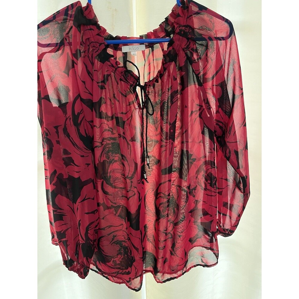 Halo Women’s Blouse Red & Black Floral 3/4 Sleeve Shirred Neckline Size Small